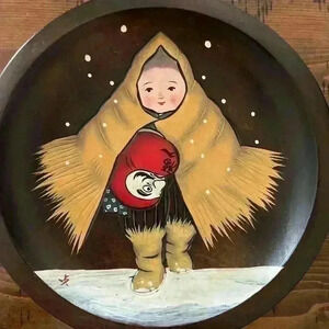 Beautiful painted Eskimo girl wooden bowl.